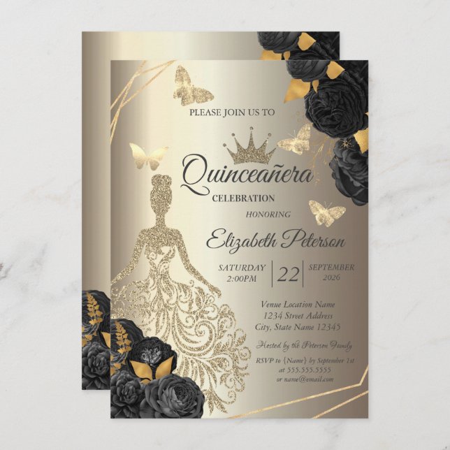 Invitación Chic Gold Dress,Butterfly Black Roses Quinceañera (Anverso / Reverso)