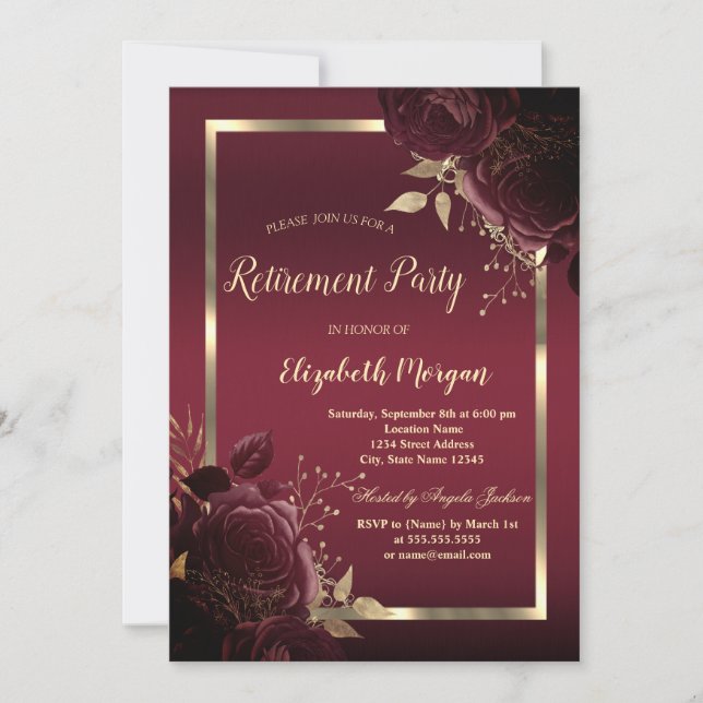 Invitación Chic Gold Frame Dark Red Roses Retirement (Anverso)