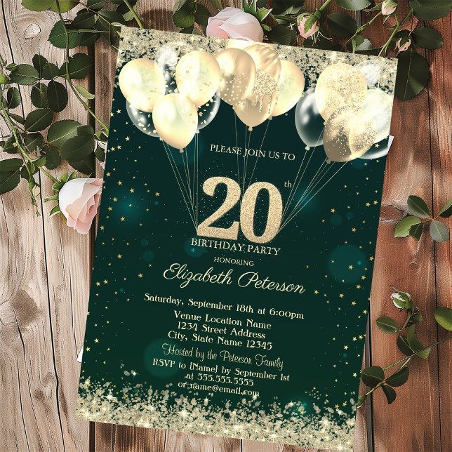 Invitación Chic Gold Glitter Confetti Balloons Green 20th (Subido por el creador)
