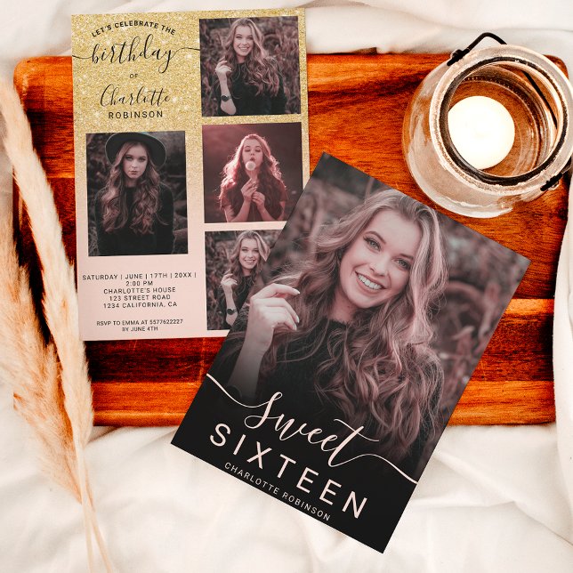 Invitación Chic gold glitter pink ombre 5 photos sweet 16 (Subido por el creador)