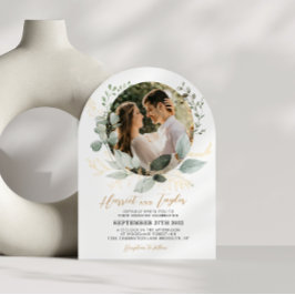 Invitación Chic Gold Greenery Eucalyptus Photo Wedding Arch