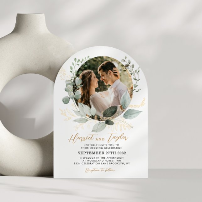 Invitación Chic Gold Greenery Eucalyptus Photo Wedding Arch (Subido por el creador)