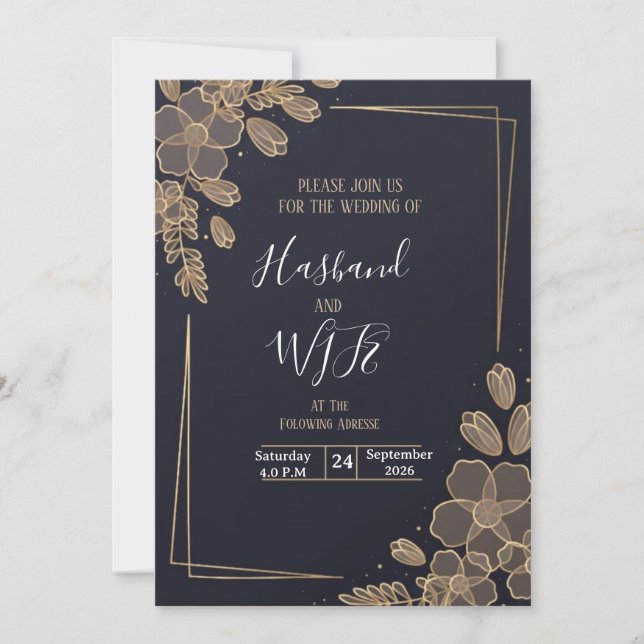 Invitación Chic Gold Line Art Flowers  (Anverso)
