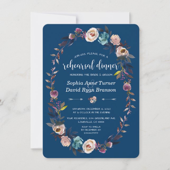 Invitación Chic Gold Navy Blue White Floral Rehearsal Dinner (Anverso)