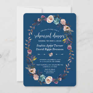 Invitación Chic Gold Navy Blue White Floral Rehearsal Dinner