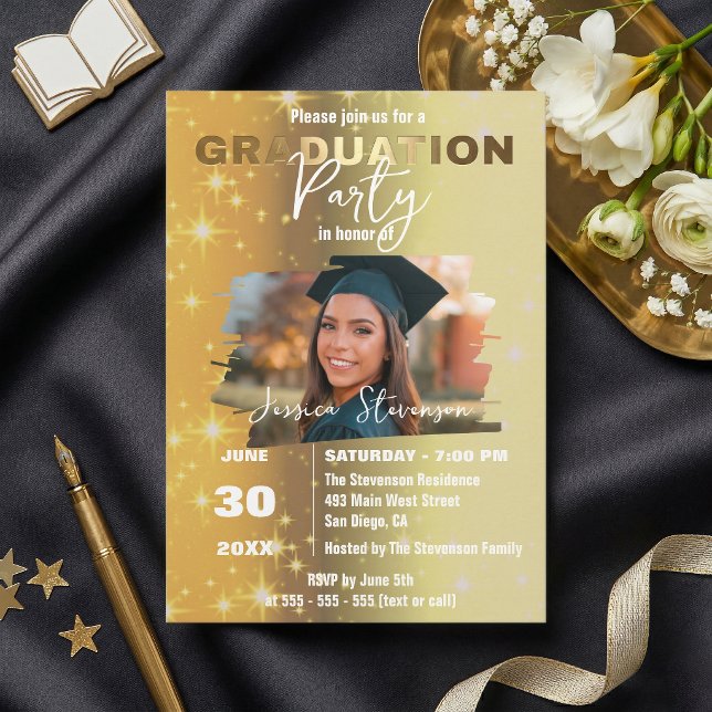 Invitación Chic Gold Sparkly Metallic Photo Graduation Party (Subido por el creador)