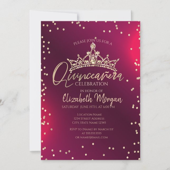 Invitación Chic Gold Tiara,Diamonds Red Quinceañera  (Anverso)