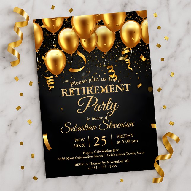 Invitación Chic Golden Balloons & Confetti Retirement Party  (Subido por el creador)