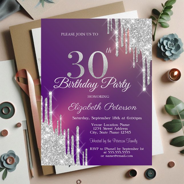 Invitación Chic Gotear Brillo Plateado Cumpleaños 30 Morado (Subido por el creador)