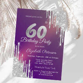 Invitación Chic Gotear Brillo Plateado Morado Cumpleaños 60