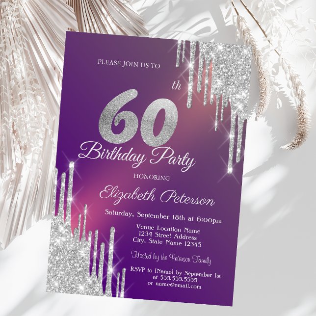 Invitación Chic Gotear Brillo Plateado Morado Cumpleaños 60 (Subido por el creador)
