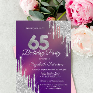 Invitación Chic Gotear Brillo Plateado Morado Cumpleaños 65