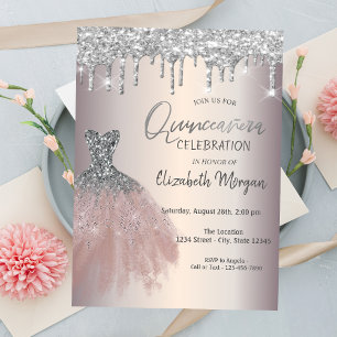 Invitación Chic Gotear Brillo Plateado, Vestido Quinceañera