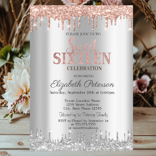 Invitación Chic Gotitas de Brillo Plateado Rosa Dorado Cumple
