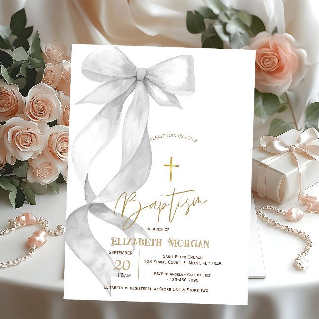 Invitación Chic Gray Bow Gold Cross Baptism (Subido por el creador)