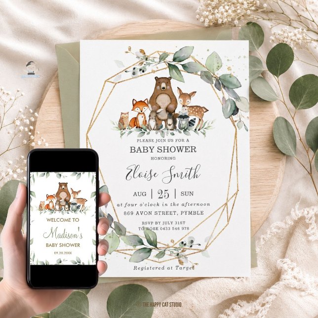 Invitación Chic Greenery Bosque Animales Baby Shower Neutral (woodland animals greenery gold geometric baby shower invitation card printed and digital download)
