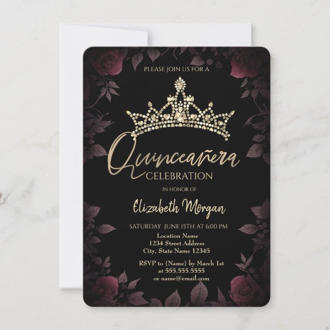 Invitación Chic hojas de rosas oscuras Quinceañera  (Anverso)