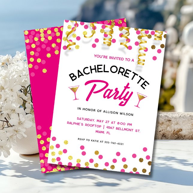 Invitación Chic Hot Pink & Gold Dots Bachelorette Party (Subido por el creador)