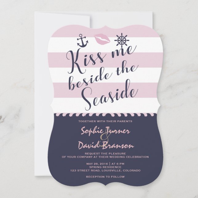 Invitación Chic Kiss Me Beside The Seaside Stripes Wedding (Anverso)
