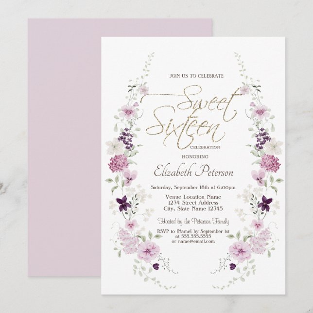 Invitación Chic Lavander Flores Silvestres Dulces 16 (Anverso / Reverso)
