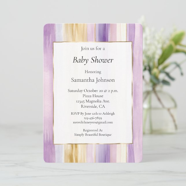 Invitación Chic Lavender Purple Gold Stripes Baby Shower (Anverso de pie)