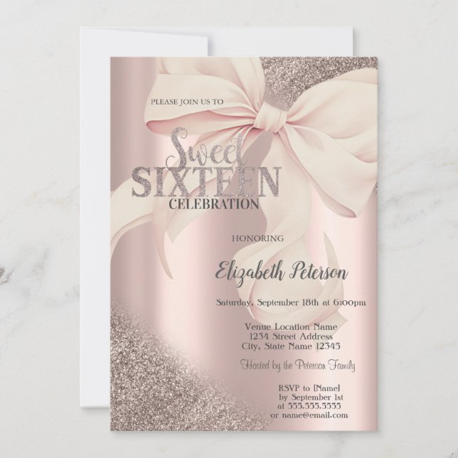 Invitación Chic Lazo Rosa Oro Rosado Sweet 16  (Anverso)