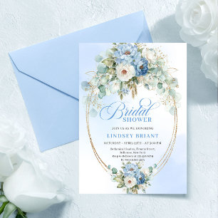 Invitación Chic Light Blue Peonía Acento Dorado Despedida de