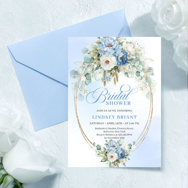 Invitación Chic Light Blue Peonía Acento Dorado Despedida de  (Chic Light Blue Peony Gold Accent Bridal Shower

)