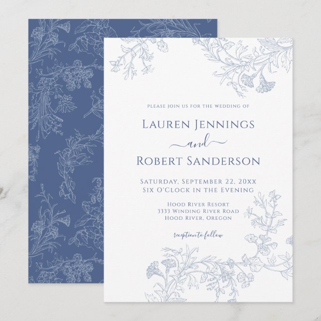 Invitación Chic Línea Azul Dibujada Floral Boda (Anverso / Reverso)