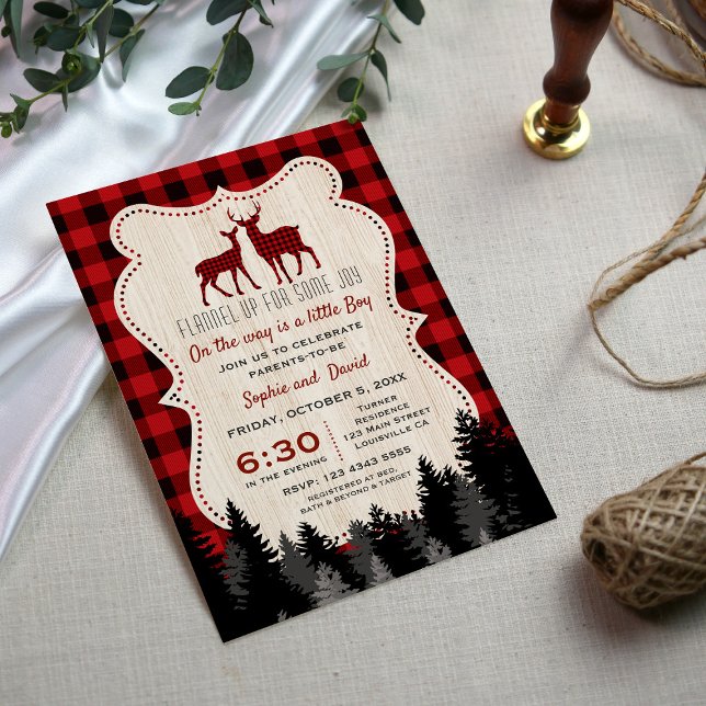 Invitación Chic Little Hunter Lumberjack Baby Shower (lumberjack baby shower invite, little hunter baby shower invitation, red buffalo forest baby shower)