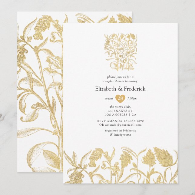 Invitación Chic Lluvia De Oro Floral Para Parejas (Anverso / Reverso)