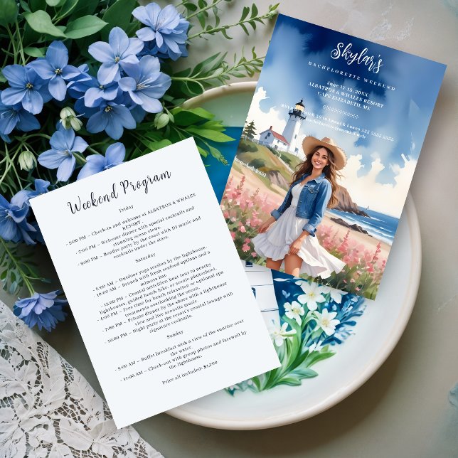 Invitación Chic Marine Landscape Lighthouse Brunette Girl (Chic Marine Landscape Lighthouse Brunette Bride To Be Bachelorette Weekend Invitations Cards.)