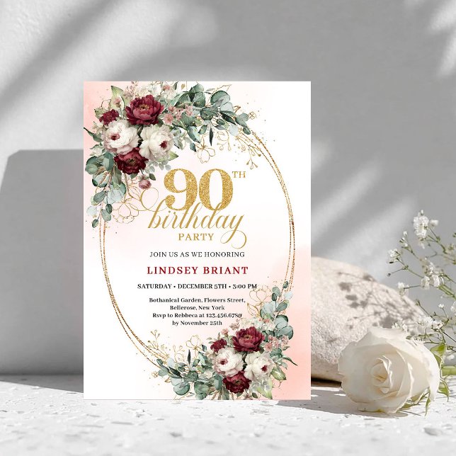 Invitación Chic Maroon Peonies Greenery 90th Birthday Invite (Chic Maroon Peonies Greenery 90th Birthday Invite)