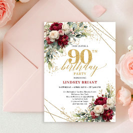 Invitación Chic Maroon White Gold Roses 90th Birthday Invite 