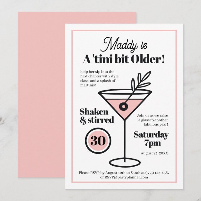 Invitación Chic Martini para 30 años o cualquier e (Anverso / Reverso)