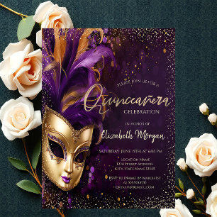 Invitación Chic Máscara,Confeti Quinceañera Púrpura