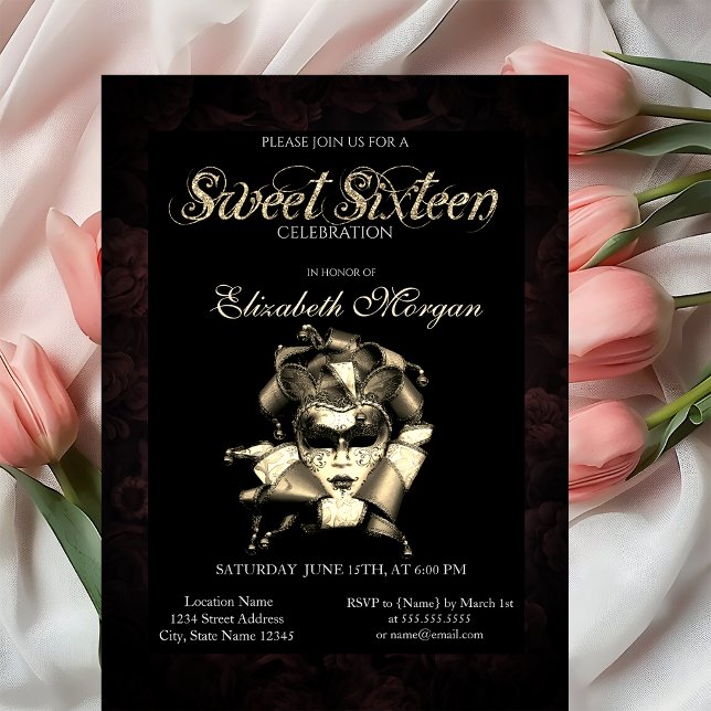 Invitación Chic Masque Rosas Negras Sweet 16 (Subido por el creador)
