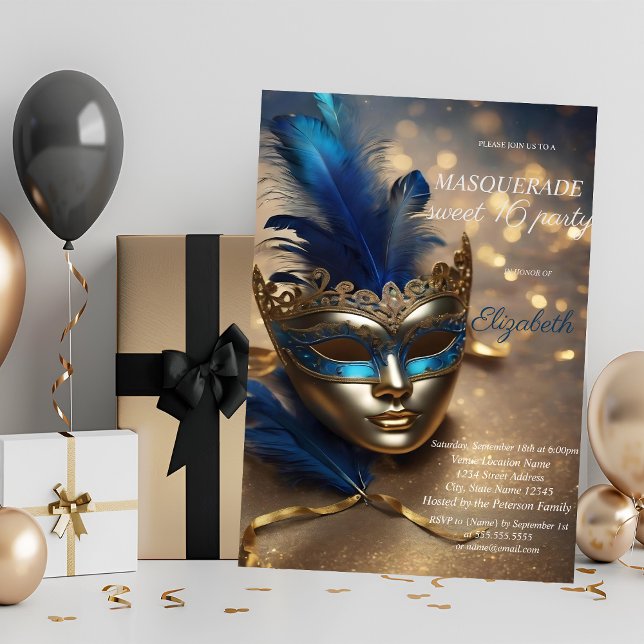 Invitación Chic Masquerade Máscara Azul Bokeh Sweet 16  (Subido por el creador)