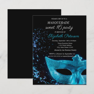Invitación Chic Masquerade Máscara Azul Negra Dulces 16