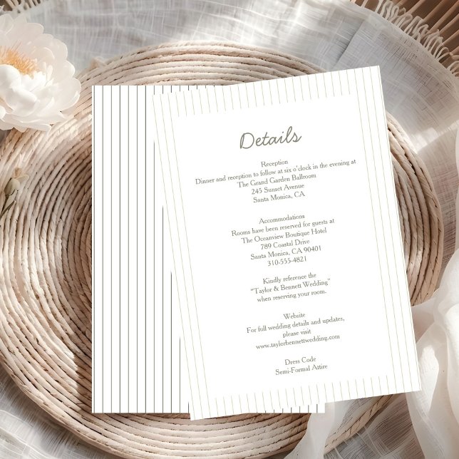 Invitación Chic Minimalist Stripe Green Wedding Details (Subido por el creador)
