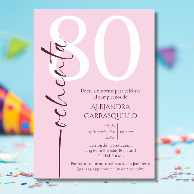 Invitación Chic Minimalista Español Cumpleaños 80 Rosa Blanco (Subido por el creador)