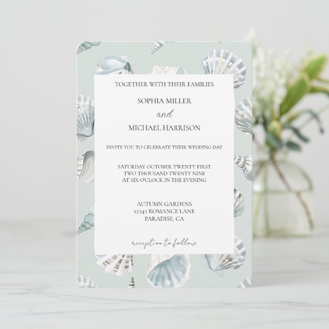 Invitación Chic Mint Blue Beach Shells Wedding (Anverso de pie)