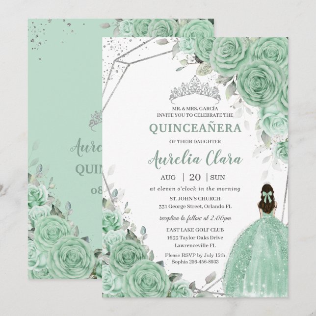 Invitación Chic Mint Green Floral Princesa Plata Quinceañera (Anverso / Reverso)