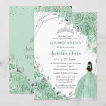 Chic Mint Green Floral Princesa Plata Quinceañera