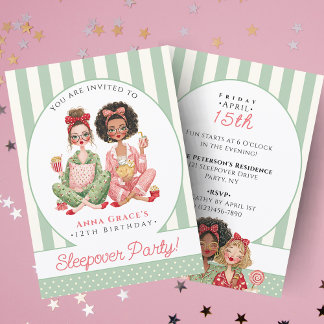 Invitación Chic Mint Stripe Girls Sleepover Birthday