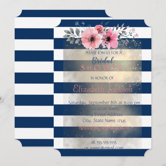 Invitación Chic Moderno de Flores a Rayas para Despedida de S (Anverso / Reverso)