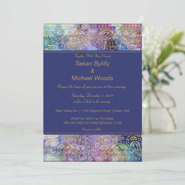Invitación Chic Moderno Dorado Paisley  (Anverso de pie)