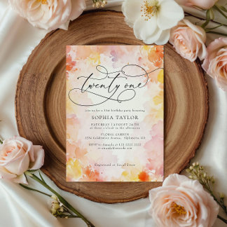 Invitación Chic Moderno Floral Acuarela Cumpleaños 21