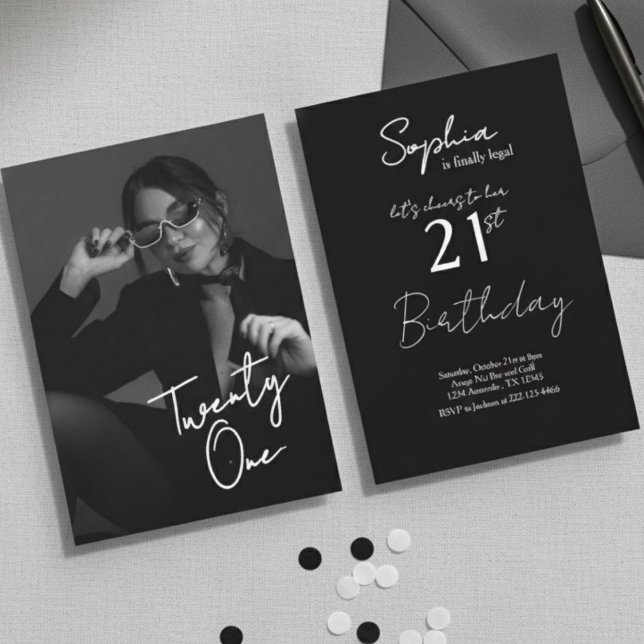 Invitación Chic Moderno Negro y Blanco Cumpleaños Foto Siglo  (Subido por el creador)
