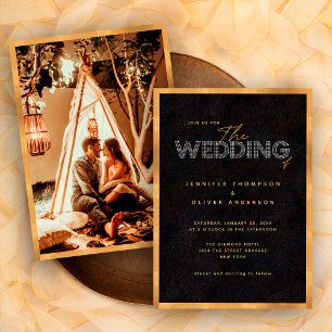 Invitación Chic Moderno Negro y Dorado Lujoso Fotografía Boda